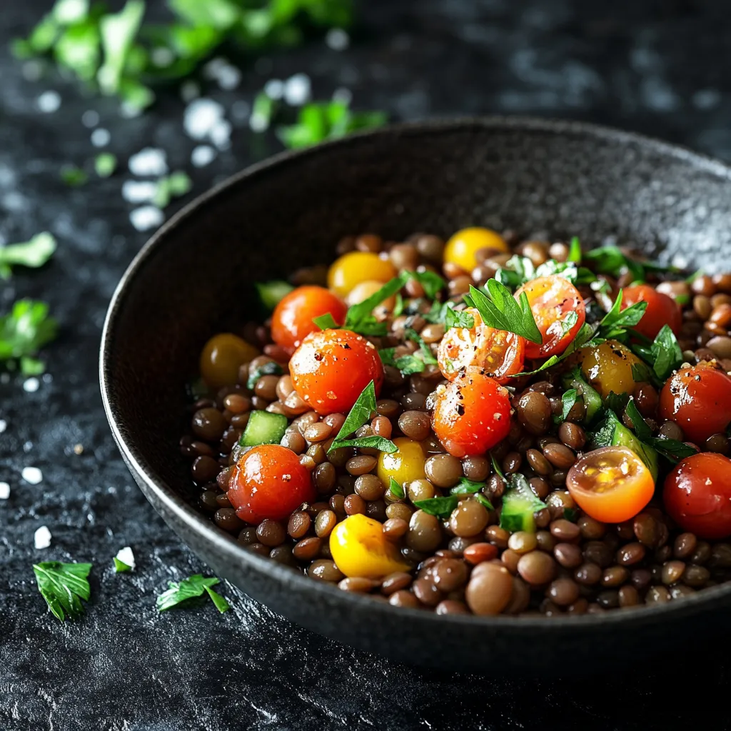 Linsensalat mit Tomaten und Gurken.