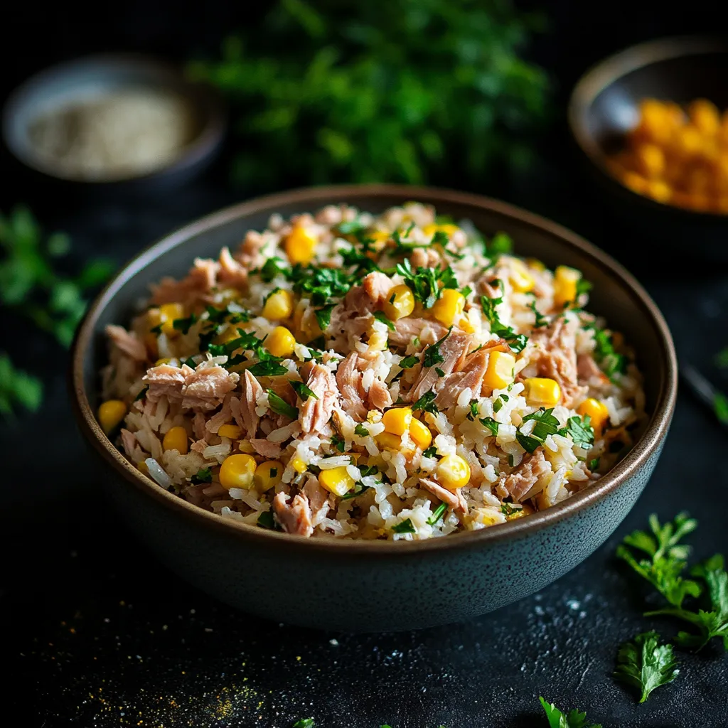 Reis mit Thunfisch und Mais garniert.