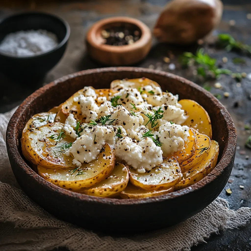 Kartoffelscheiben mit Frischk&auml;se und Kr&auml;utern.