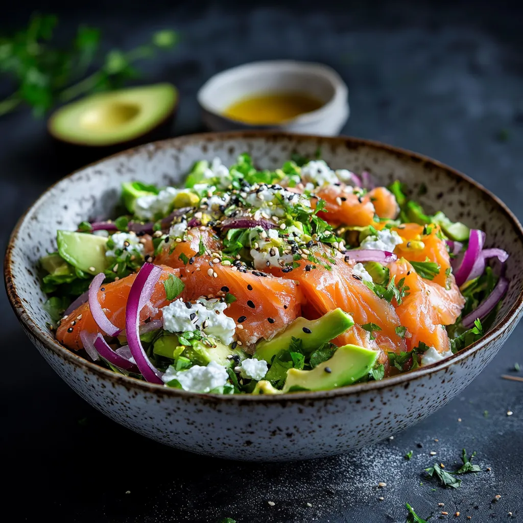 Salat mit Lachs, Avocado und Zwiebeln.