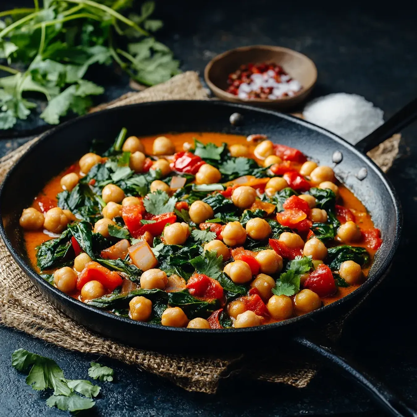 Kichererbsen-Spinat-Curry in einer Pfanne.
