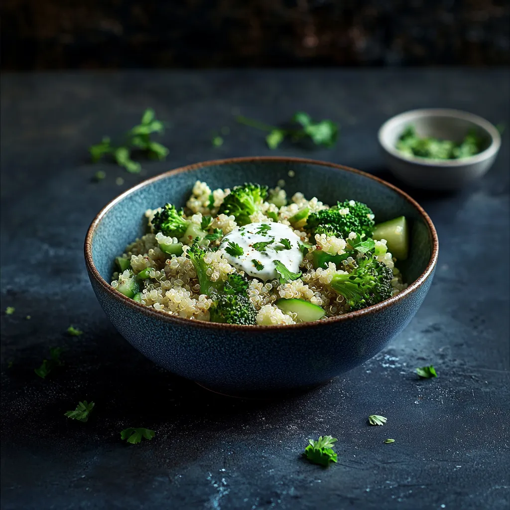 Quinoa mit Brokkoli und Joghurt garniert.