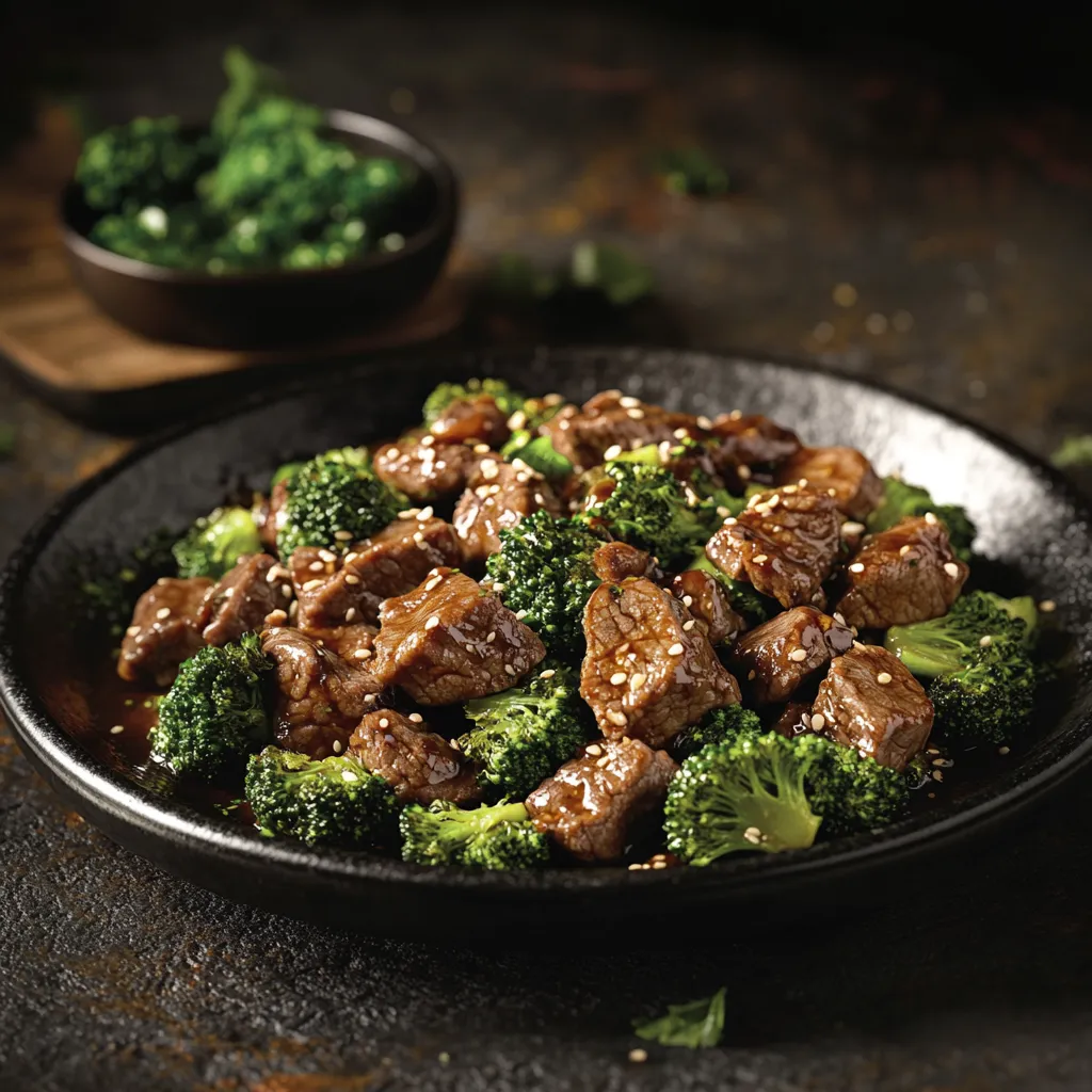 Rindfleisch mit Brokkoli und Sesam bestreut.