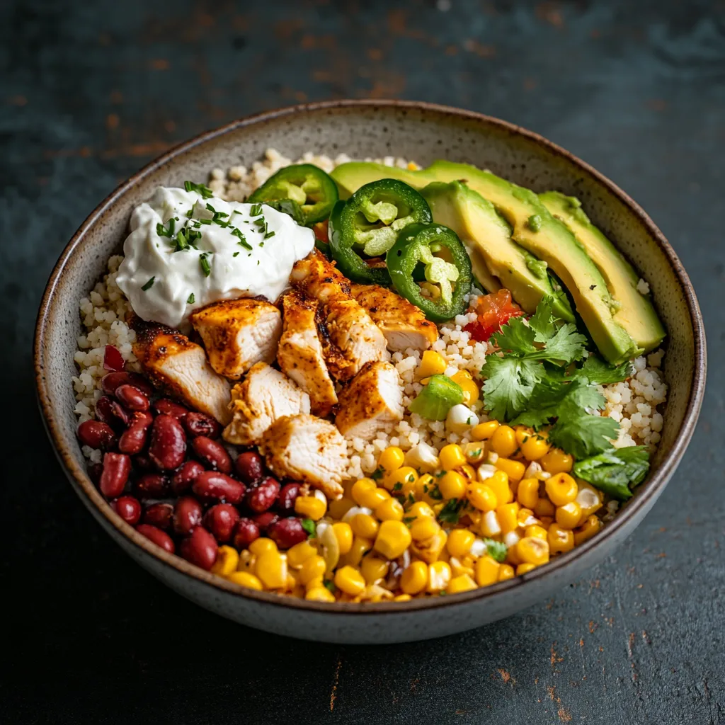 Sch&uuml;ssel mit H&auml;hnchen, Bohnen, Mais und Avocado.