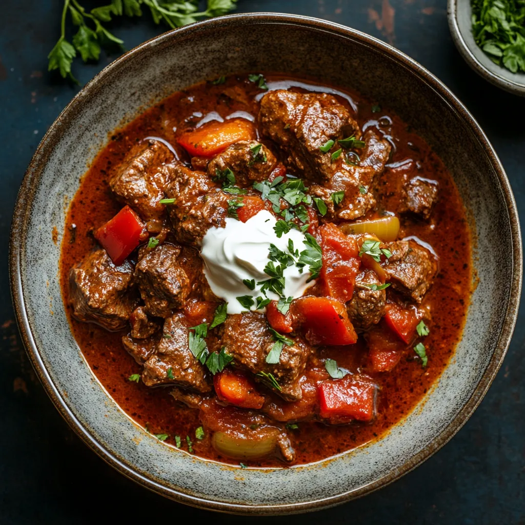 Gulasch mit saurer Sahne und Petersilie.