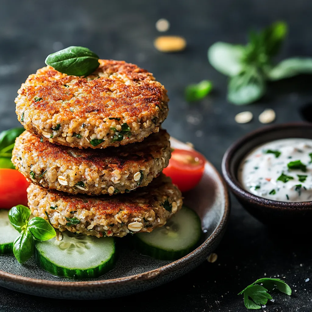 Gestapelte Haferflocken-Patties mit Gurken und Tomaten.