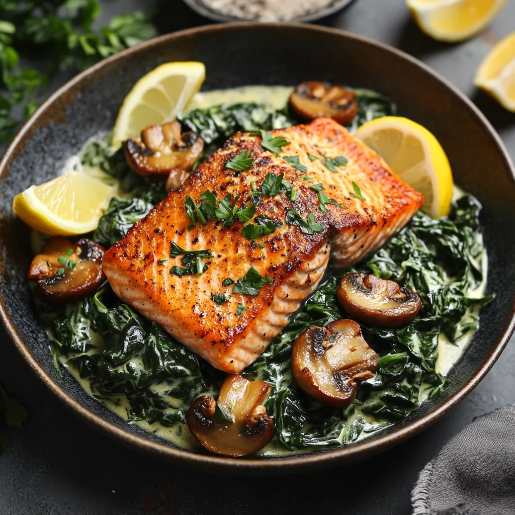 Gebratener Lachs auf Spinat mit Pilzen.