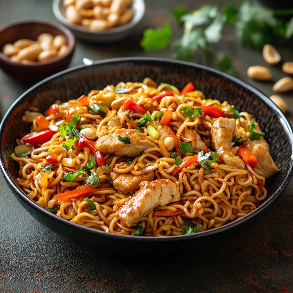 H&auml;hnchen-Nudelgericht mit Paprika und Erdn&uuml;ssen.