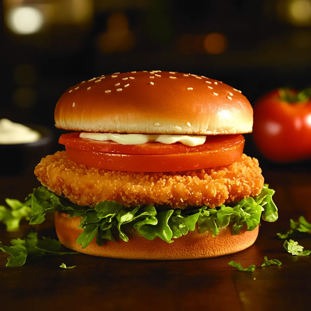 Ein saftiger H&auml;hnchenburger mit Tomate und Salat.