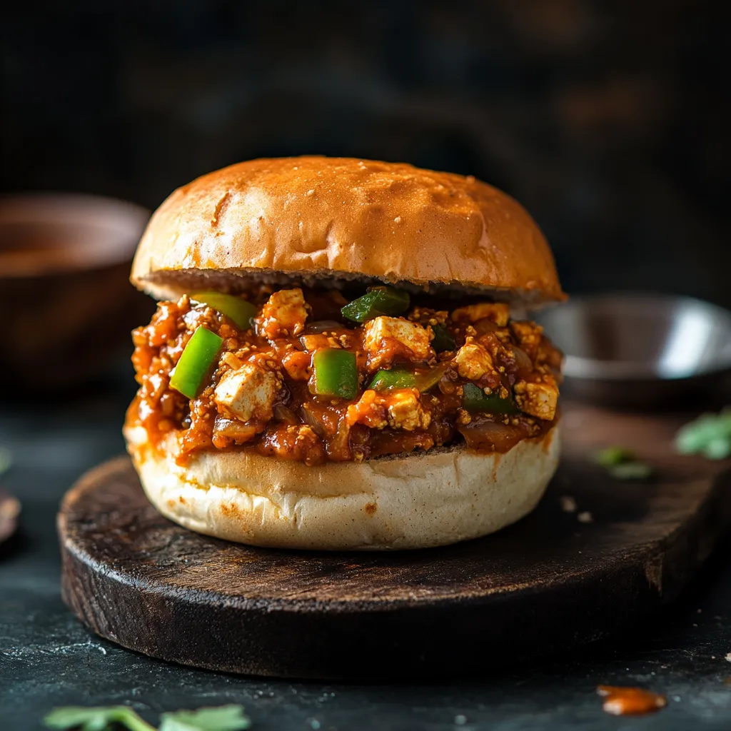 Ein Burger mit w&uuml;rzigem Tofuf&uuml;llung und Paprika.