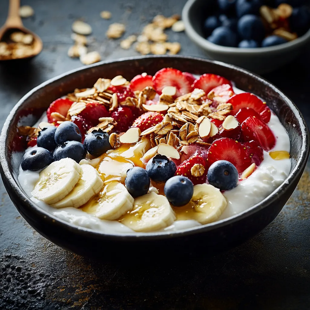 Joghurt mit Fr&uuml;chten, M&uuml;sli und Honig.
