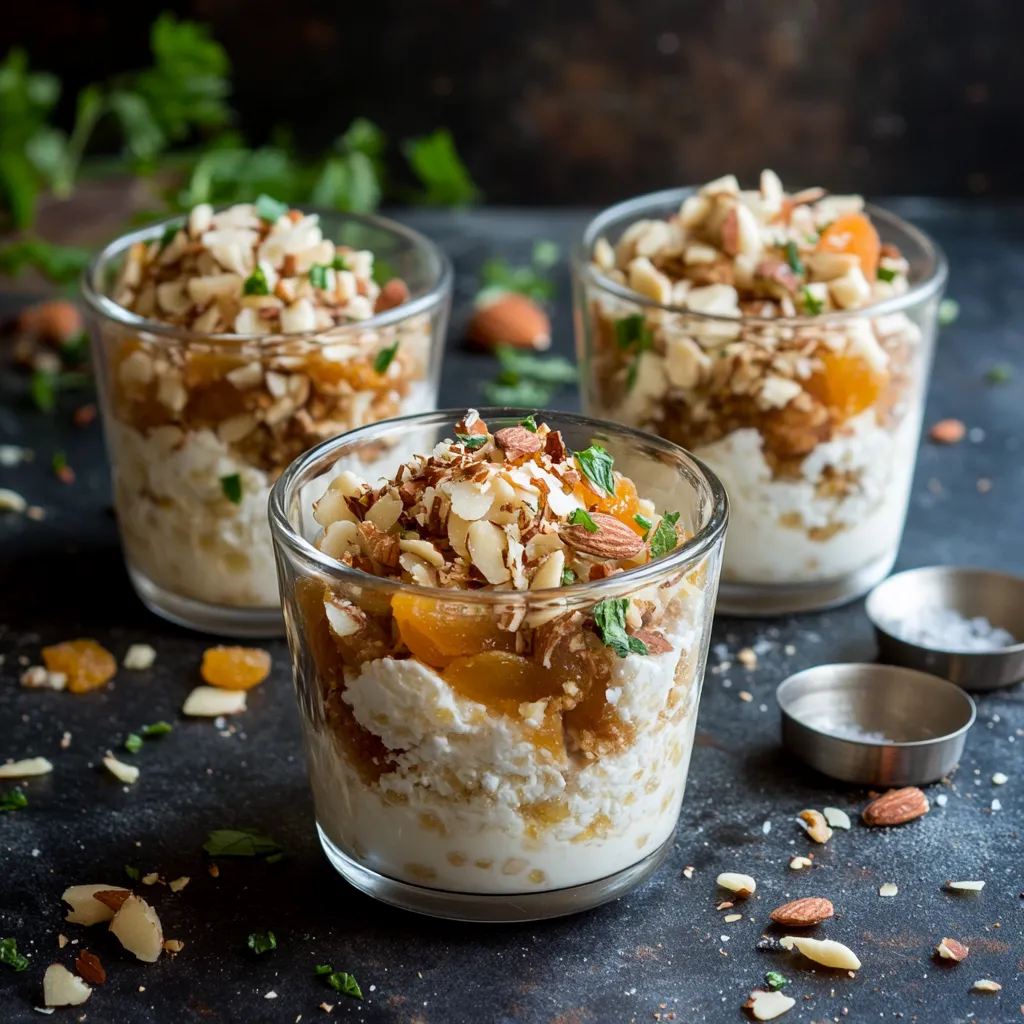 Drei Gl&auml;ser mit Quark, Aprikosen und Mandeln.
