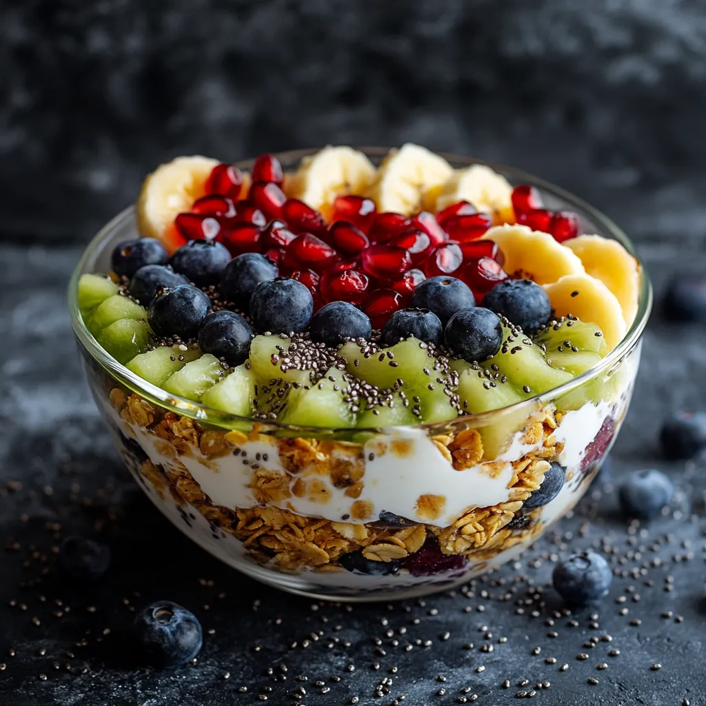 Bunter Obstsalat mit Joghurt und M&uuml;sli.
