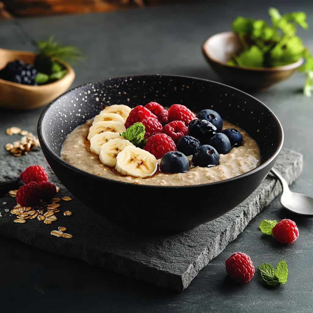 Haferbrei mit Beeren und Bananenscheiben.