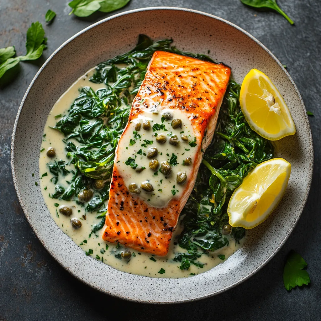 Lachs auf Spinat mit Kapernsauce und Zitrone.