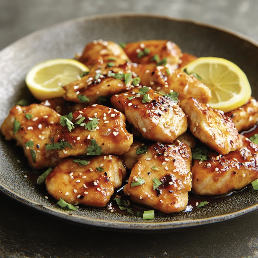 Glasierte H&auml;hnchenst&uuml;cke mit Zitrone und Sesam.