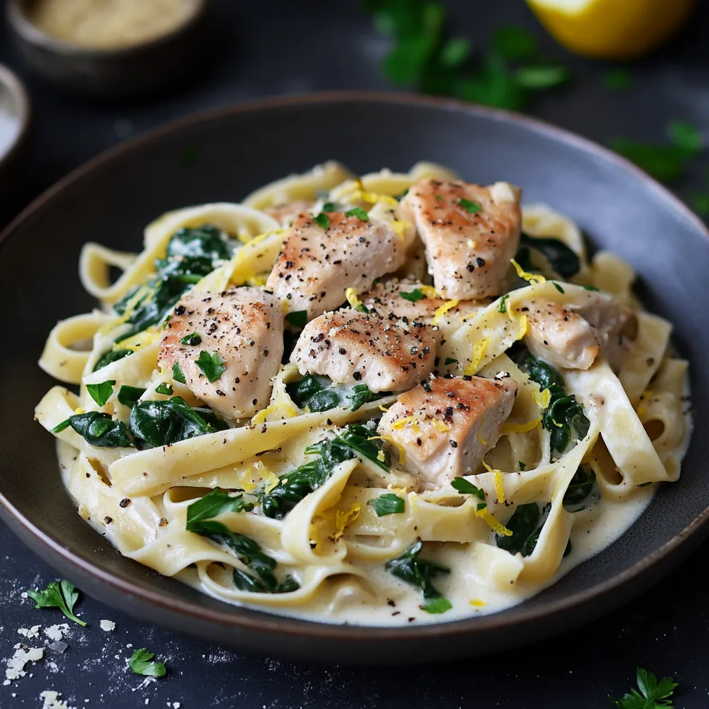 Fettuccine mit H&auml;hnchen und Spinat.