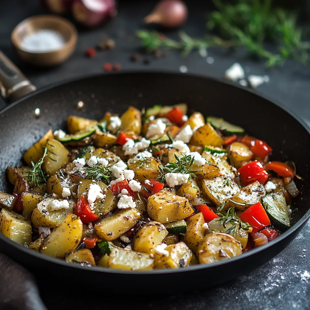 Bratkartoffeln mit Gem&uuml;se und Feta in Pfanne.