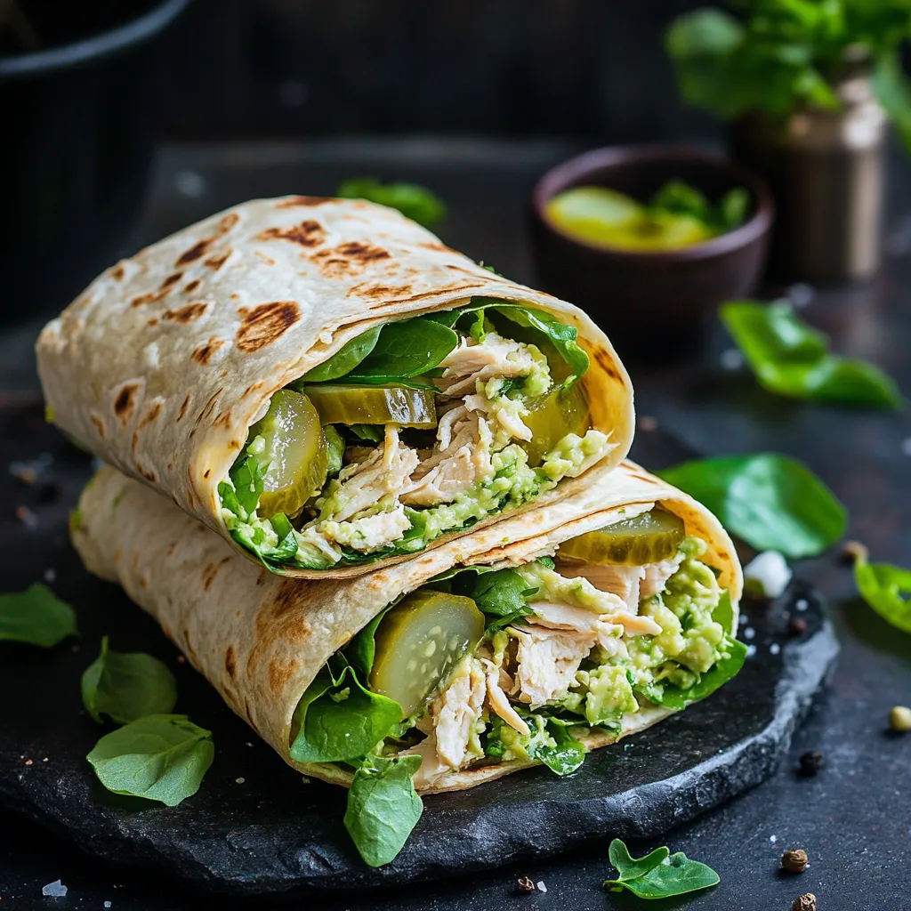 Zwei Wraps mit H&uuml;hnchen, Avocado und Gurken.