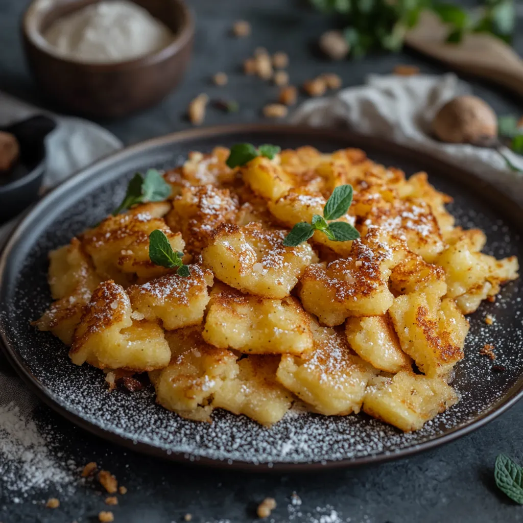 Kaiserschmarrn mit Puderzucker und Minze.