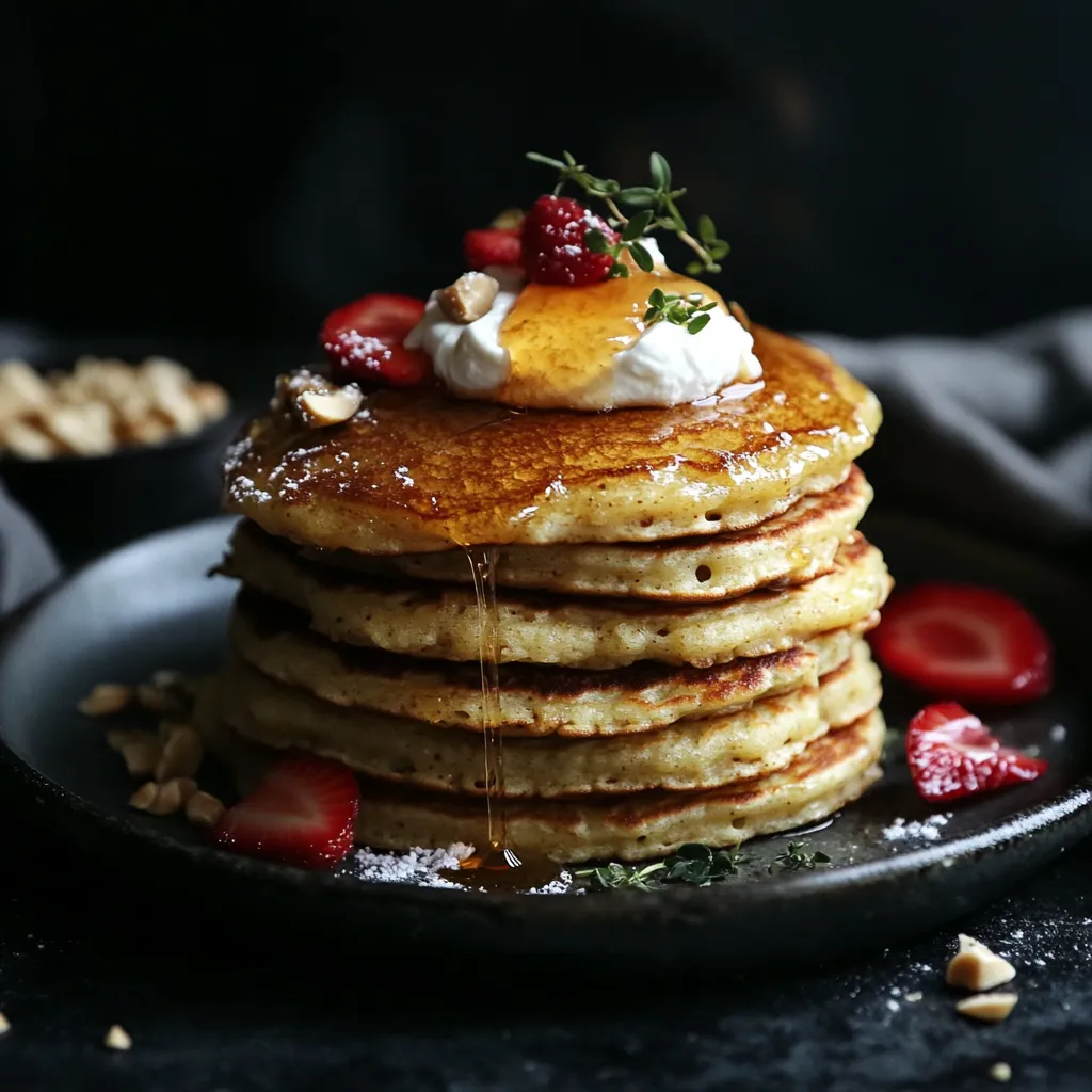 Stapel Pfannkuchen mit Beeren und Sirup.