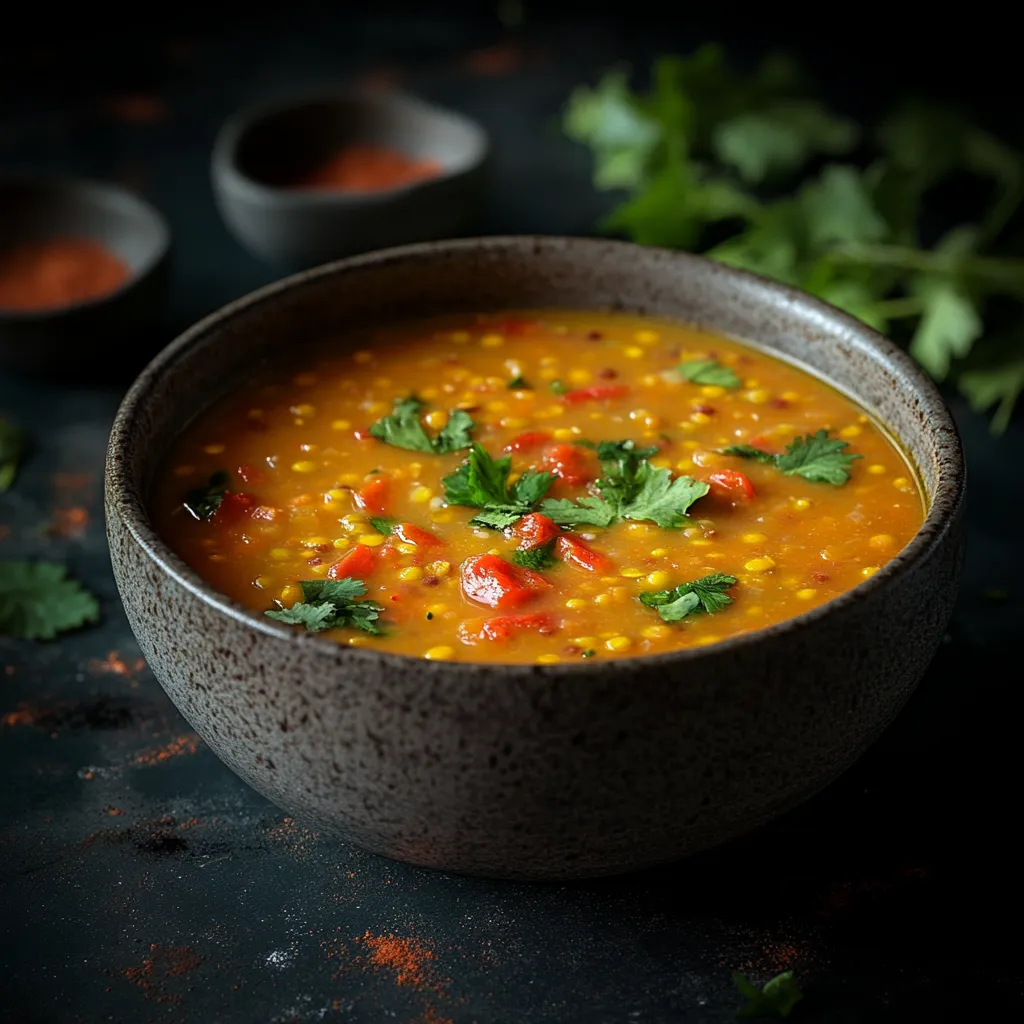 Sch&uuml;ssel mit Linsensuppe und Koriander.