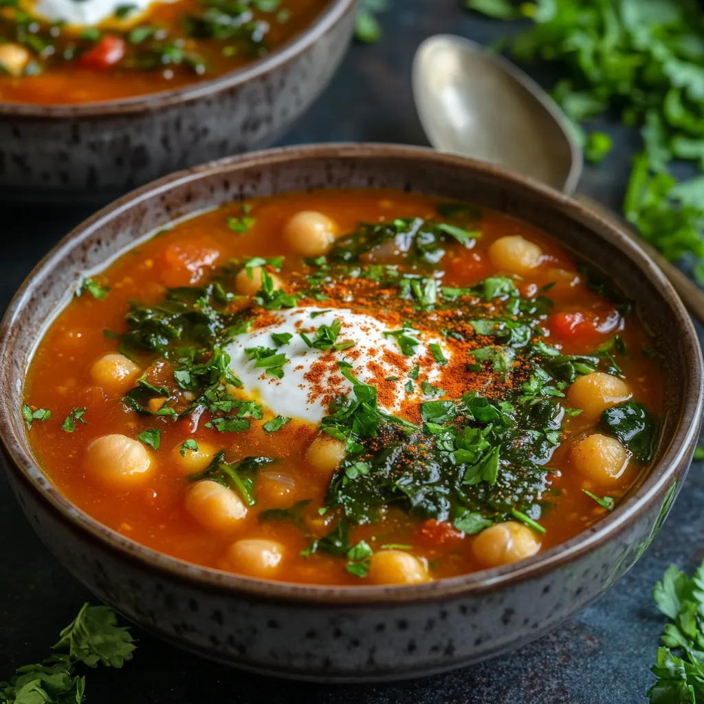 Herzhafte Kichererbsensuppe mit Joghurt und Petersilie.