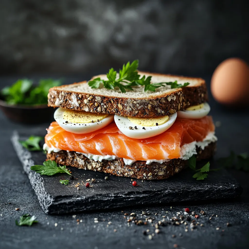 Sandwich mit Lachs und Ei auf dunklem Brot.