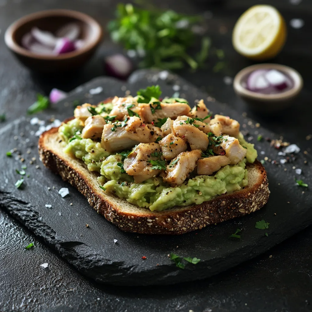 Avocado-Toast mit H&auml;hnchen und Kr&auml;utern.