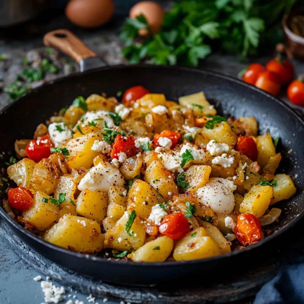 Bratkartoffeln mit Tomaten und Feta in Pfanne.