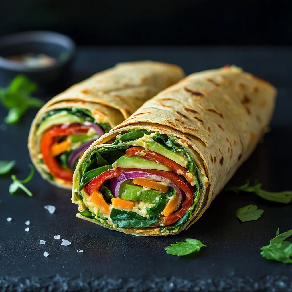 Zwei bunte Wraps mit frischem Gem&uuml;se gef&uuml;llt.