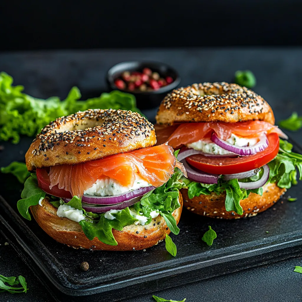Zwei Bagels mit Lachs, Tomate und Rucola.