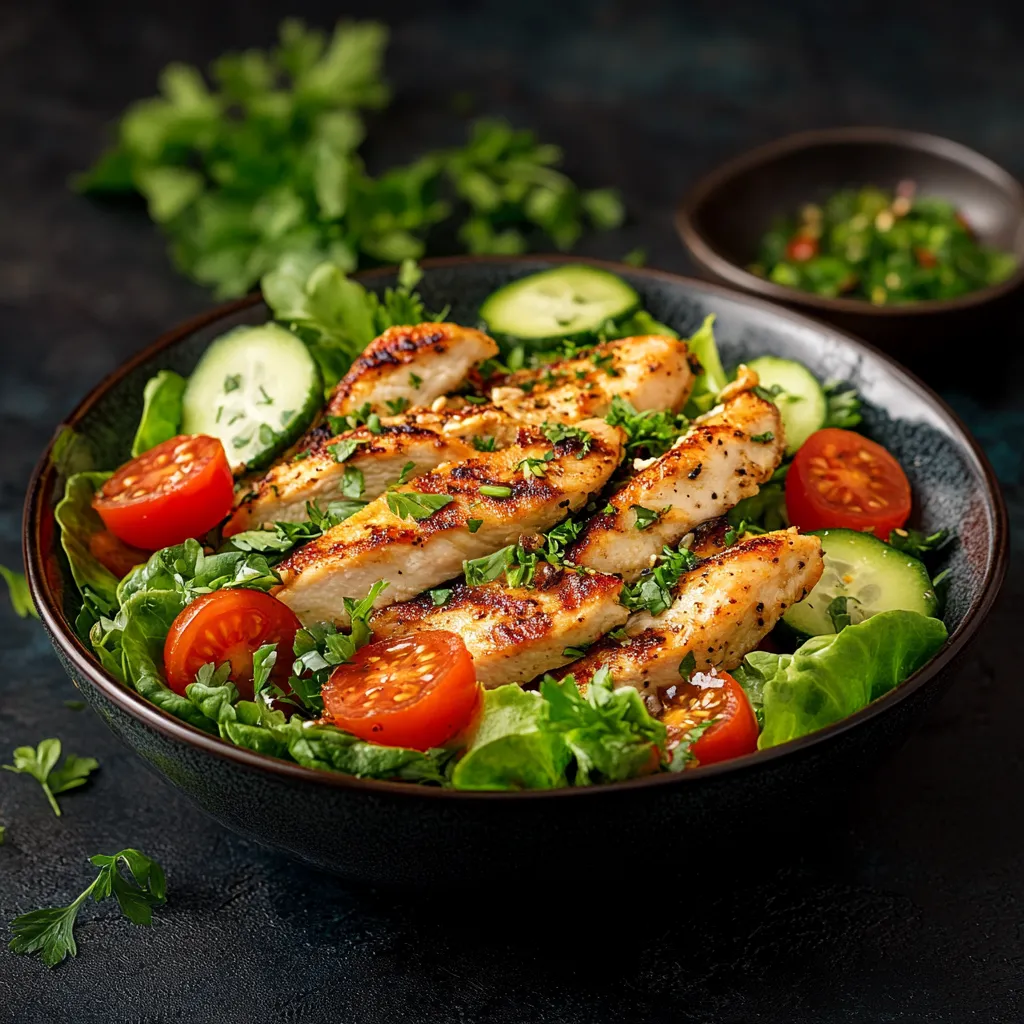 Gegrillte H&auml;hnchenstreifen auf Salat mit Tomaten.