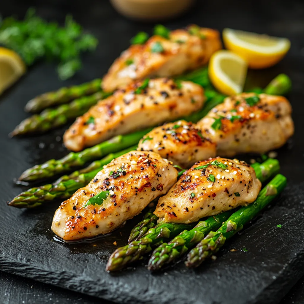 Gebratene H&auml;hnchenbrust mit Spargel und Zitrone.