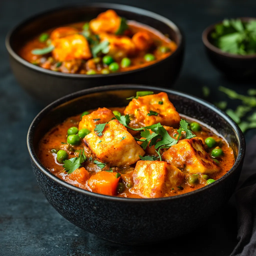 Indisches Gericht mit Paneer und Erbsen in Sauce.