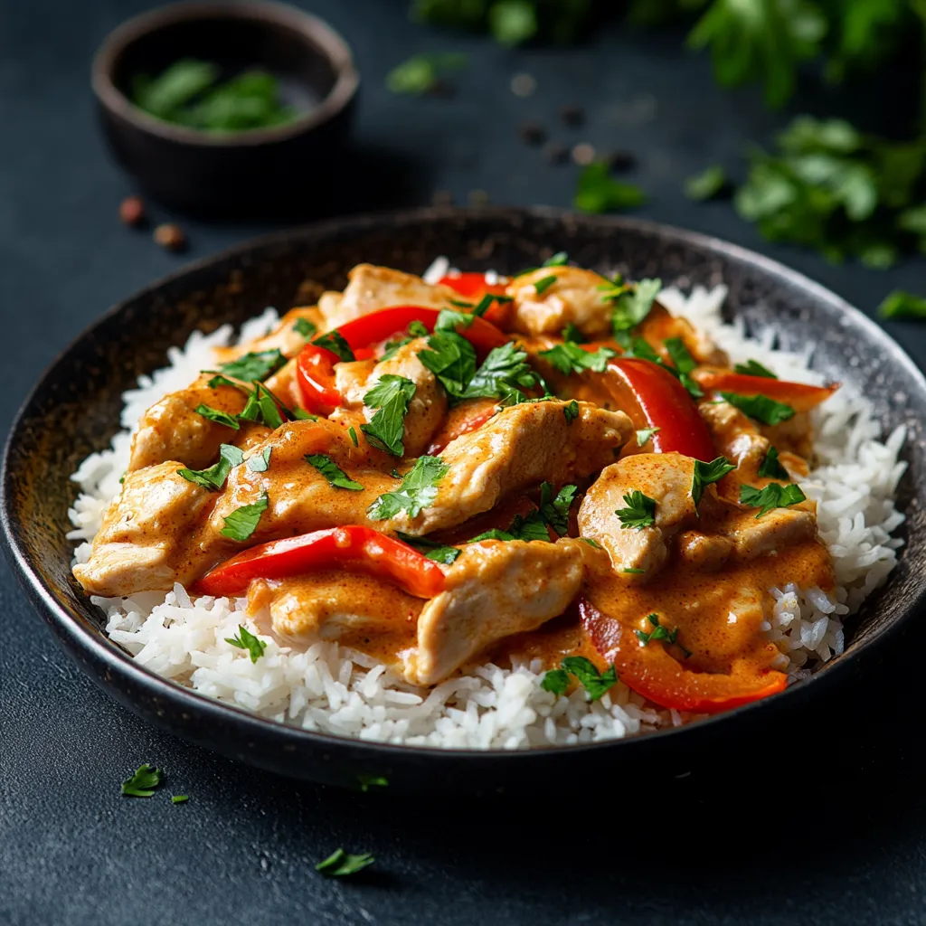 H&auml;hnchencurry mit Reis und Paprika.
