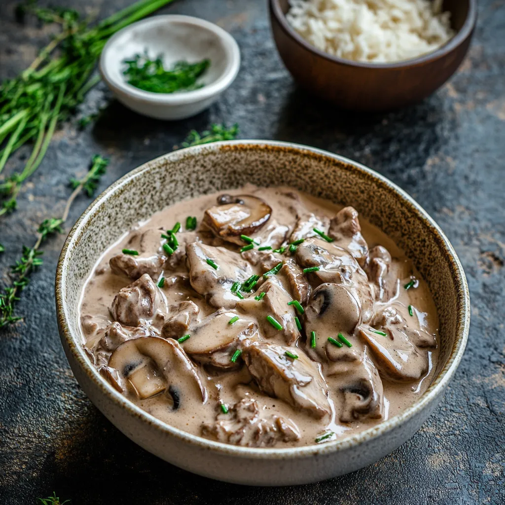 Rindergulasch mit Pilzen in cremiger Sauce.