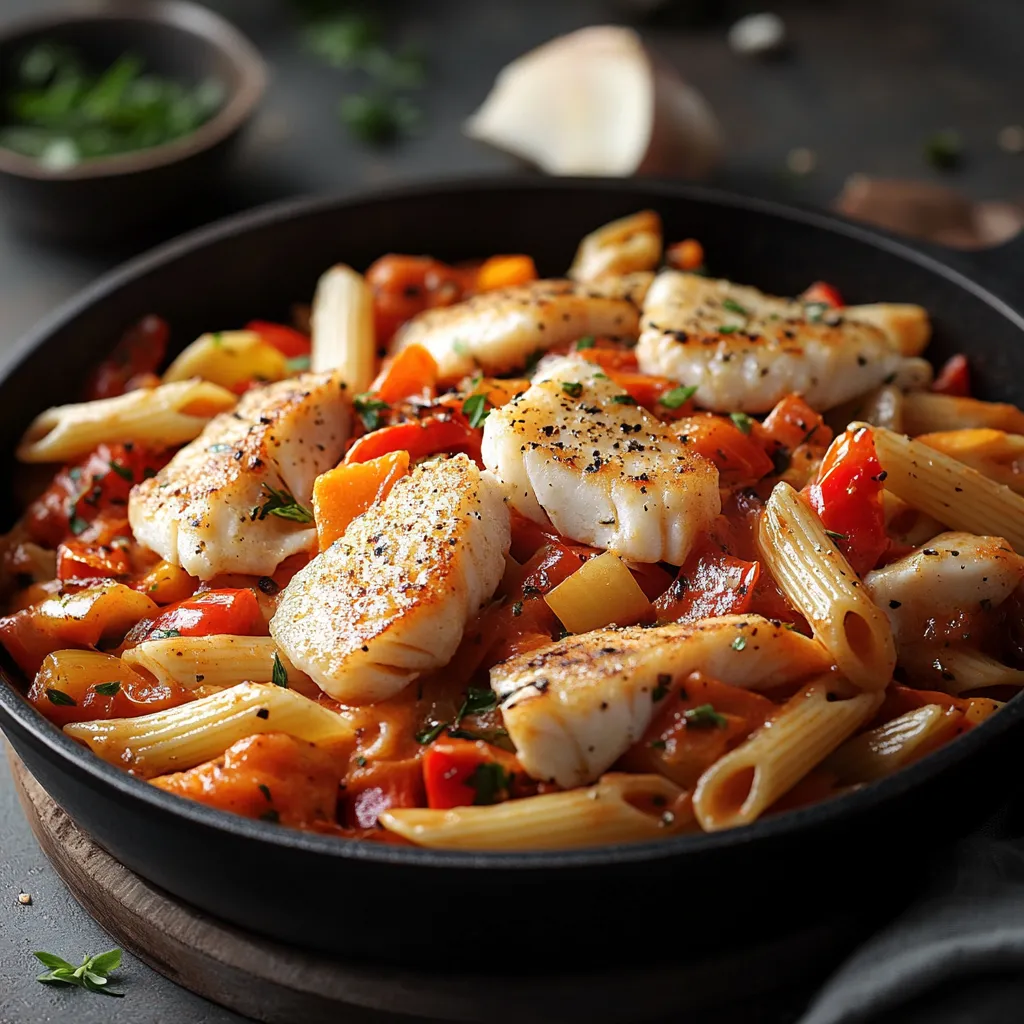 Penne-Pasta mit gebratenem Fisch und Gem&uuml;se.